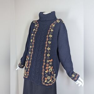 Women's cable knit wool turtle neck embroidered flowers Point Zero 90s M